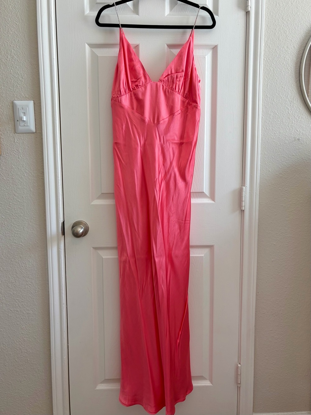 Bardot Satin Slip Dress with Crystal straps in color melon
